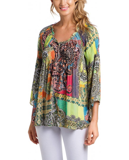 Spense Womens Apparel V-Neck Smock Pleated Printed Blouse - 3 4 Flowy Sleeves at  Women’s Clothing store