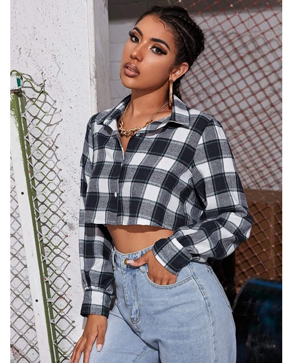 SweatyRocks Women's Plaid Long Sleeve V Neck Collar Button Down Blouses Crop Top at Women’s Clothing store