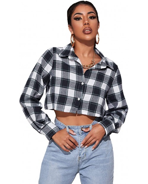 SweatyRocks Women's Plaid Long Sleeve V Neck Collar Button Down Blouses Crop Top at  Women’s Clothing store