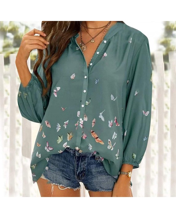 Tazaiy Womens Floral Print Lartern Sleeve Shirts Loose Fit O Neck Chiffon Tops Casual Button Down Tunic Top Blouse at Women’s Clothing store