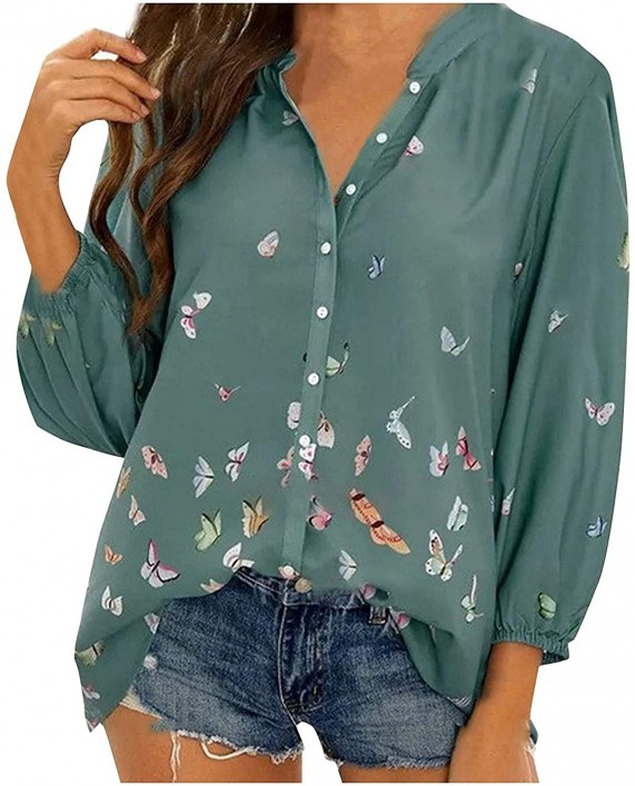 Tazaiy Womens Floral Print Lartern Sleeve Shirts Loose Fit O Neck Chiffon Tops Casual Button Down Tunic Top Blouse at Women’s Clothing store