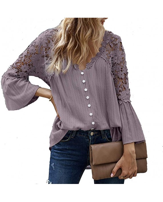 VENTELAN Women's V Neck Lace Crochet Blouse Tops Loose Flowy Bell Sleeve Button Down T Shirts at Women’s Clothing store