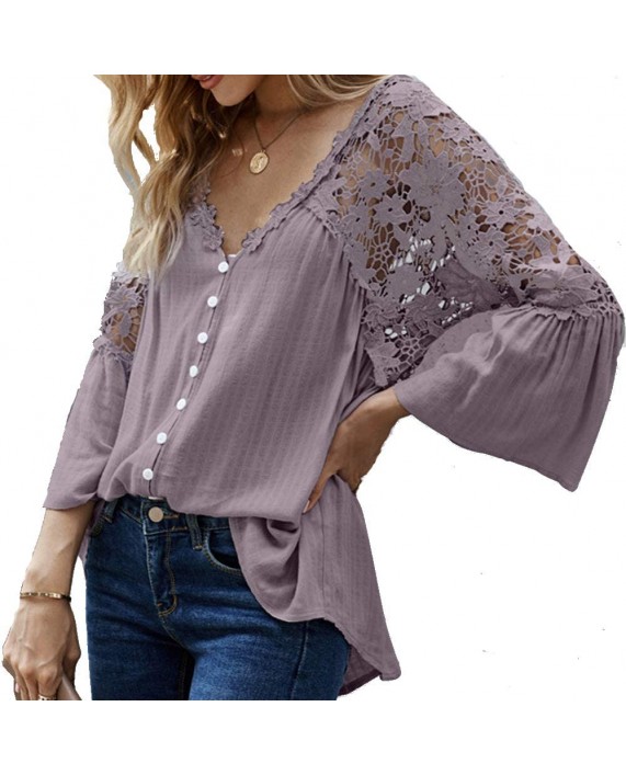 VENTELAN Women's V Neck Lace Crochet Blouse Tops Loose Flowy Bell Sleeve Button Down T Shirts at Women’s Clothing store