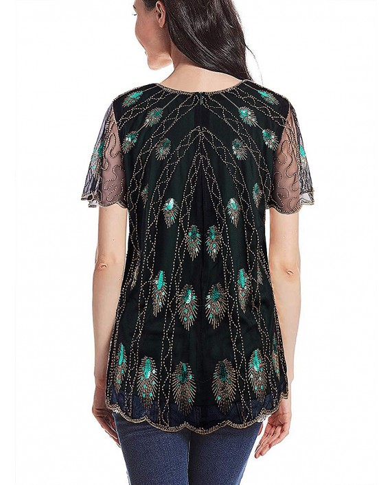 VIJIV Women's 1920s Vintage Beaded Evening Top Art Deco Scalloped Hem Peacock Sequin Embellished Blouse Tunic at Women’s Clothing store