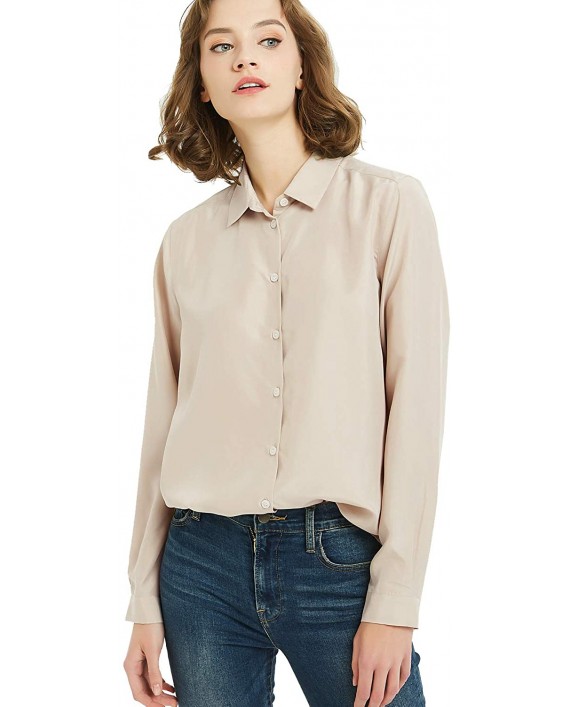 Women's 100% Silk Button V-Neck Down Long Sleeve Blouse Ladies Office Work Shirts Tops at Women’s Clothing store