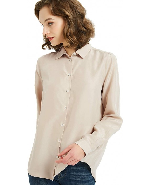 Women's 100% Silk Button V-Neck Down Long Sleeve Blouse Ladies Office Work Shirts Tops at Women’s Clothing store