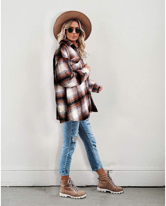 Women‘s Casual Oversize Label Button Down Long Sleeve Blend Wood Plaid Shacket Jacket Coat at Women’s Clothing store