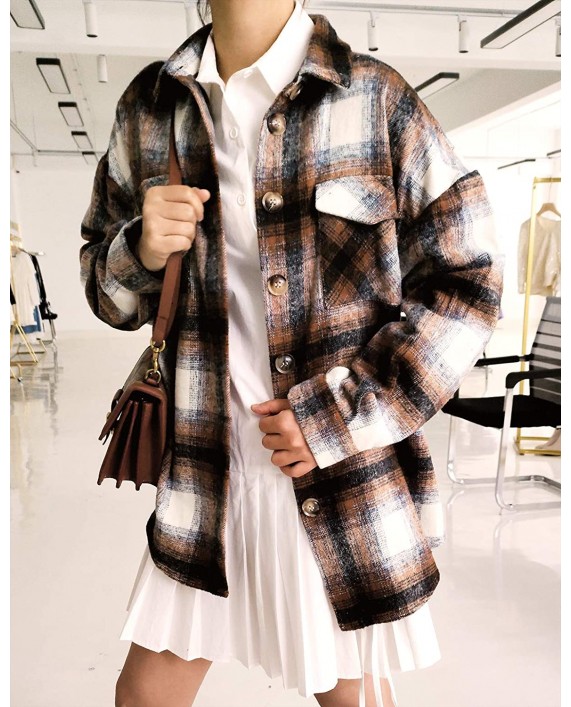 Women‘s Casual Oversize Label Button Down Long Sleeve Blend Wood Plaid Shacket Jacket Coat at Women’s Clothing store