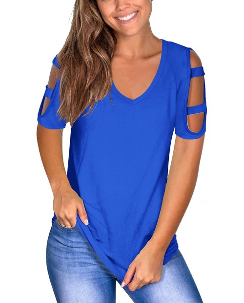 Womens Cold Shoulder Tops Casual Summer Short Sleeve V Neck T Shirts Cute Dressy Top Tshirt at  Women’s Clothing store