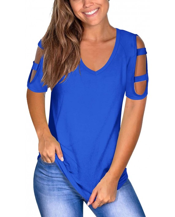 Womens Cold Shoulder Tops Casual Summer Short Sleeve V Neck T Shirts Cute Dressy Top Tshirt at Women’s Clothing store