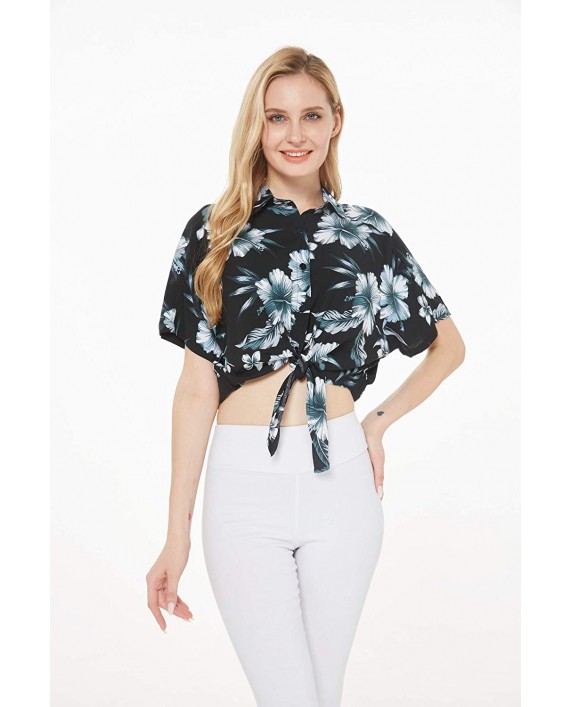 Women's Hawaiian Tie Front Crop Top Aloha Shirt in Hibiscus at Women’s Clothing store