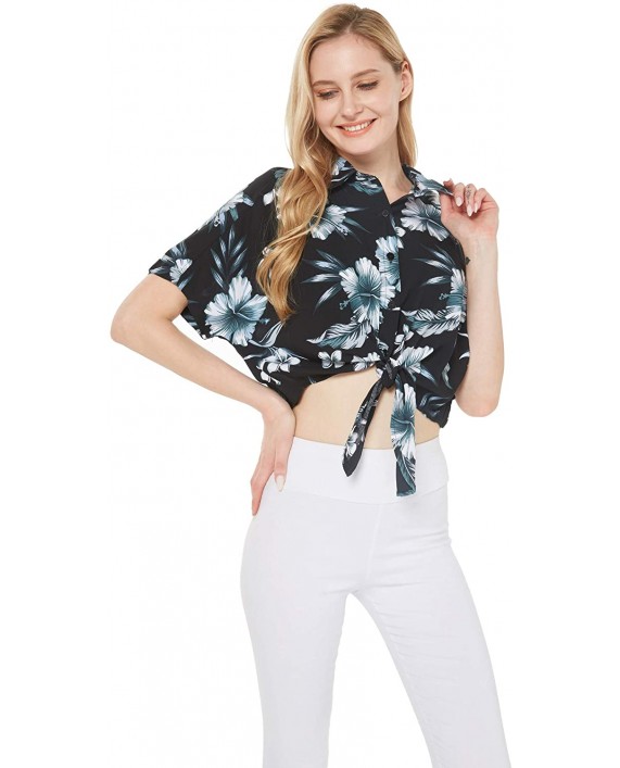 Women's Hawaiian Tie Front Crop Top Aloha Shirt in Hibiscus at Women’s Clothing store