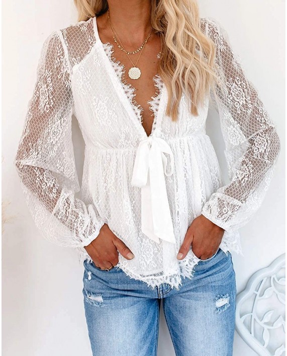 Women's Lace Crochet Shirts Sexy Deep V Neck Long Sleeve Casual Loose Blouse Tunic Tops at Women’s Clothing store