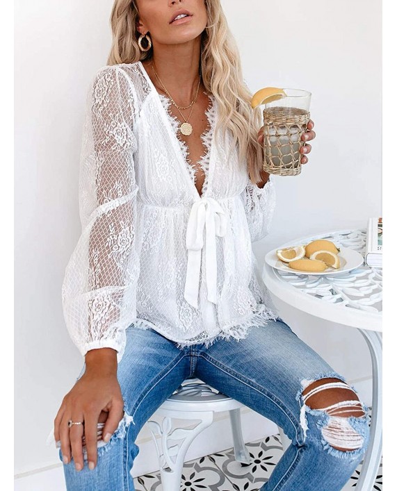 Women's Lace Crochet Shirts Sexy Deep V Neck Long Sleeve Casual Loose Blouse Tunic Tops at Women’s Clothing store