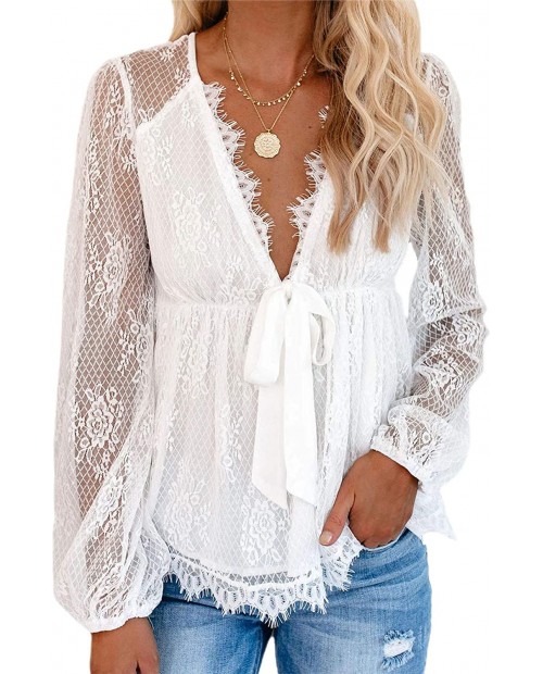 Women's Lace Crochet Shirts Sexy Deep V Neck Long Sleeve Casual Loose Blouse Tunic Tops at  Women’s Clothing store
