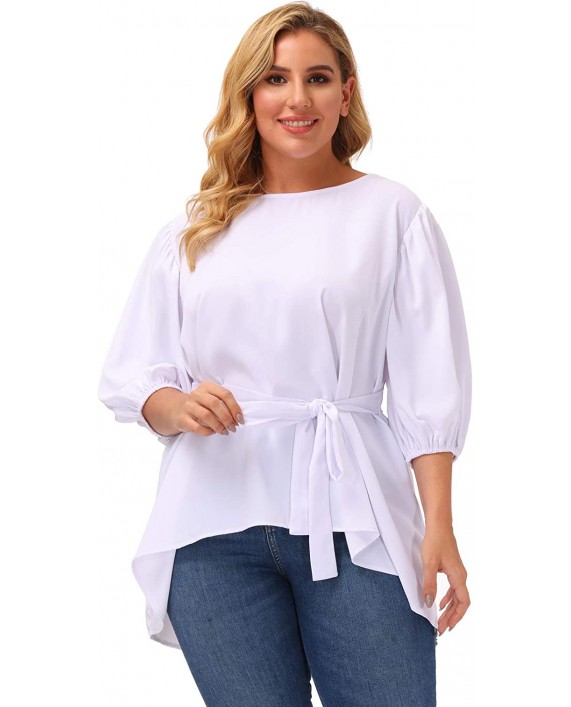 Women's Plus Size Puff Sleeve Belted Casual Work Peplum Blouse Shirts Tops at Women’s Clothing store