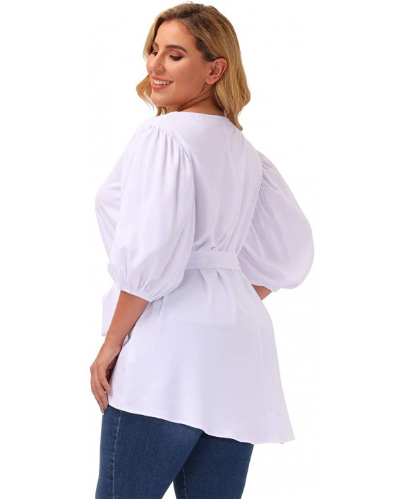 Women's Plus Size Puff Sleeve Belted Casual Work Peplum Blouse Shirts Tops at Women’s Clothing store