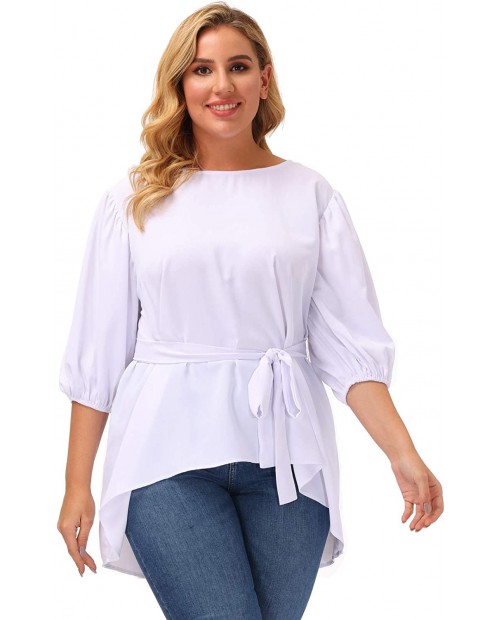 Women's Plus Size Puff Sleeve Belted Casual Work Peplum Blouse Shirts Tops at  Women’s Clothing store