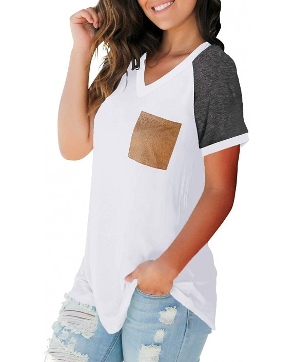 Womens Summer Basic Short Sleeve V Neck Color Block Casual Tops T Shirts with Pocket at Women’s Clothing store