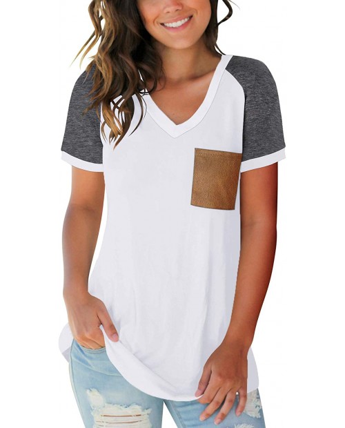 Womens Summer Basic Short Sleeve V Neck Color Block Casual Tops T Shirts with Pocket at  Women’s Clothing store