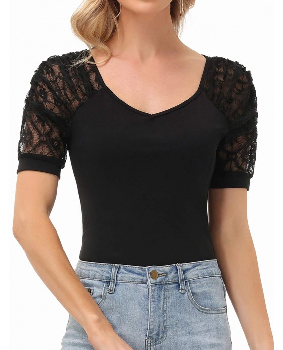 Women's Summer Tops Lace Puff Shirts Sexy V Neck Blouses Casual T-Shirt at Women’s Clothing store