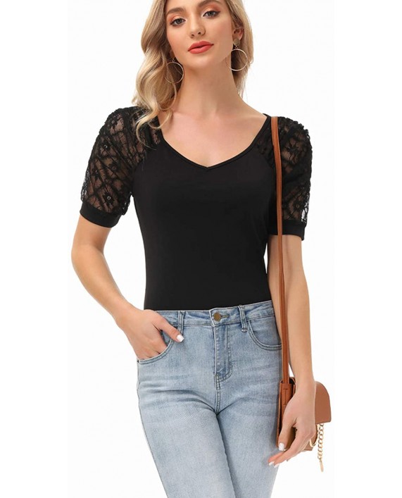 Women's Summer Tops Lace Puff Shirts Sexy V Neck Blouses Casual T-Shirt at Women’s Clothing store