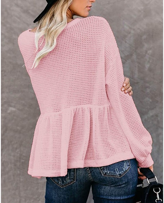 Womens Waffle Knit Shirts Long Sleeve Peplum Ruffled Layered Hem Blouse Tops at Women’s Clothing store
