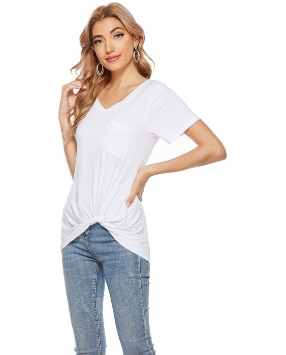 WORDEAlSHOP Women V Neck Short and Long Sleeve Twist Knot Basic Woman Blouse Top T Shirts at Women’s Clothing store