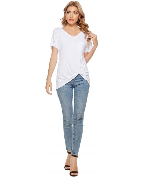 WORDEAlSHOP Women V Neck Short and Long Sleeve Twist Knot Basic Woman Blouse Top T Shirts at  Women’s Clothing store
