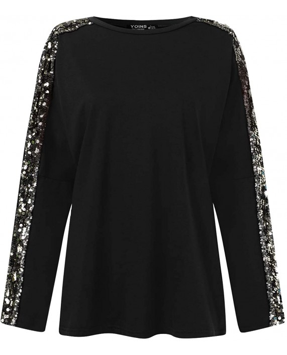 YOINS Sequin Sparkle Tops for Women Cold Shoulder Long Sleeves Round Neck Loose Casual Pullovers Cut Out Shirts Blouses at Women’s Clothing store