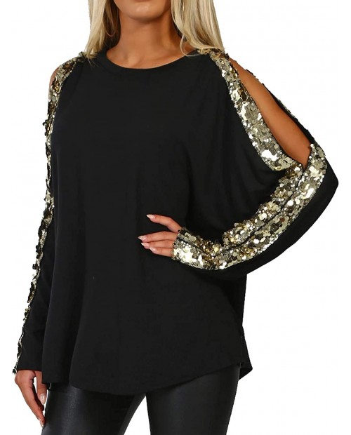 YOINS Sequin Sparkle Tops for Women Cold Shoulder Long Sleeves Round Neck Loose Casual Pullovers Cut Out Shirts Blouses at  Women’s Clothing store