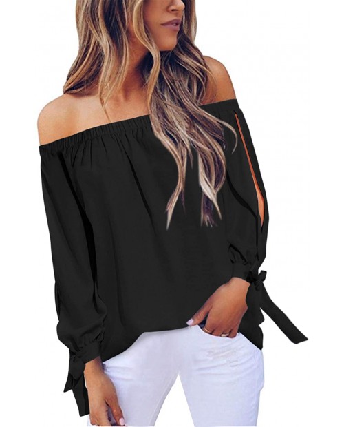 ZANZEA Womens Off The Shoulder Tops Summer Casual Sexy Slit Sleeve Tie Cuff Blouses at  Women’s Clothing store