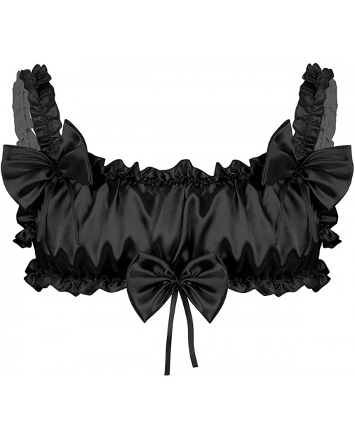 inlzdz Men's Sissy Lingerie Frilly Satin Ruffled Backless Wire-Free Unlined Bra Top Whisper Bralette at Men’s Clothing store