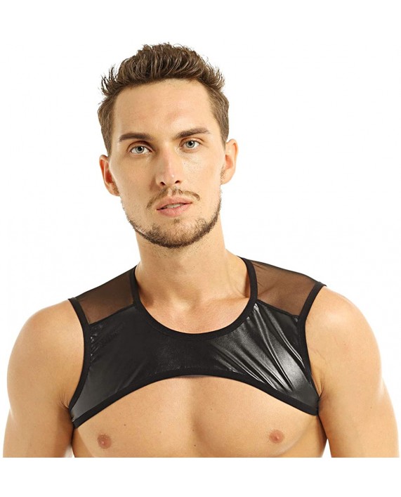 moily Men's Faux Leather Mesh Splice Patchwork Sexy Sleeveless Muscle Half Crop Tank Top Clubwear at Men’s Clothing store