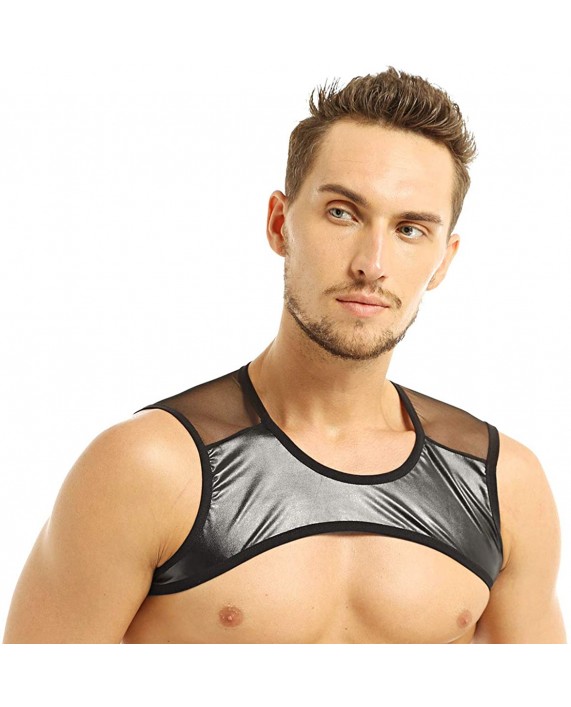 moily Men's Faux Leather Mesh Splice Patchwork Sexy Sleeveless Muscle Half Crop Tank Top Clubwear at Men’s Clothing store