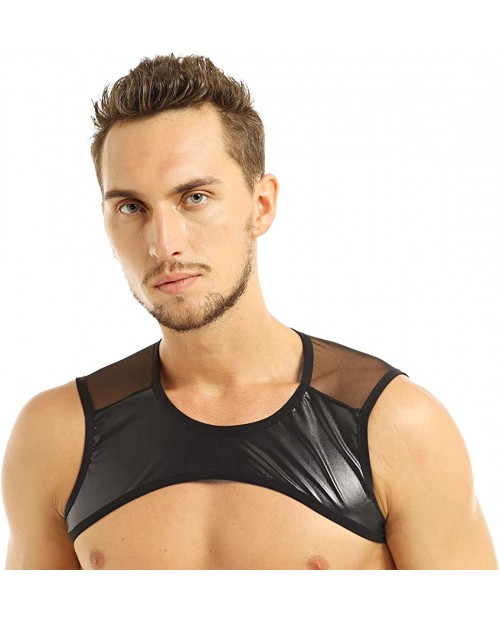 moily Men's Faux Leather Mesh Splice Patchwork Sexy Sleeveless Muscle Half Crop Tank Top Clubwear at  Men’s Clothing store