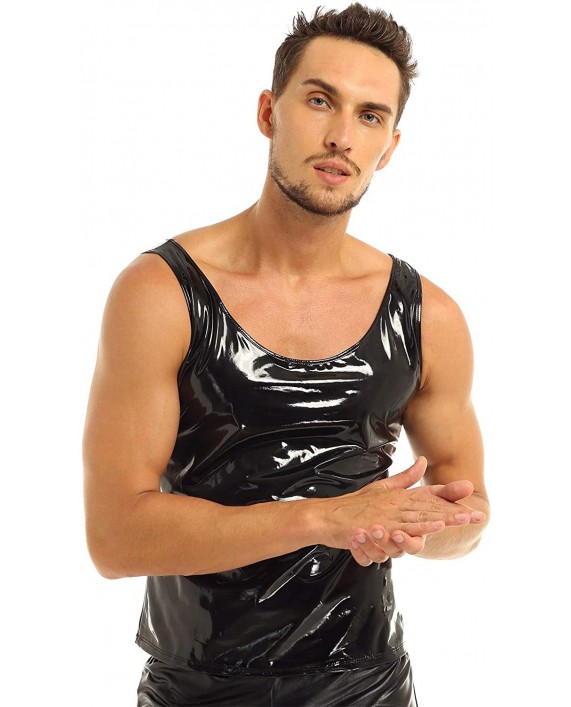 winying Mens Shiny Metallic Faux Leather Sleeveless Tank Top Vest Muscle Tight T-Shirts Crop Tops Clubwear at Men’s Clothing store