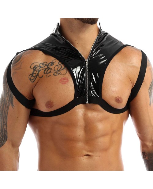 YOOJOO Mens Patent Leather Round Neck Sleeveless Shoulder Chest Harness Stretchy Muscle Crop Tops at  Men’s Clothing store