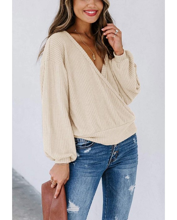 Adreamly Womens Deep V Neck Wrap Cropped Sweater Tops Long Sleeve Waffle Knit Oversized Pullover Jumper at Women’s Clothing store