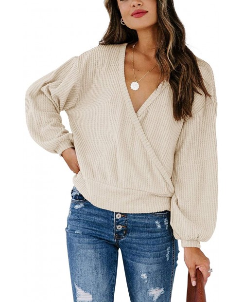 Adreamly Womens Deep V Neck Wrap Cropped Sweater Tops Long Sleeve Waffle Knit Oversized Pullover Jumper at Women’s Clothing store