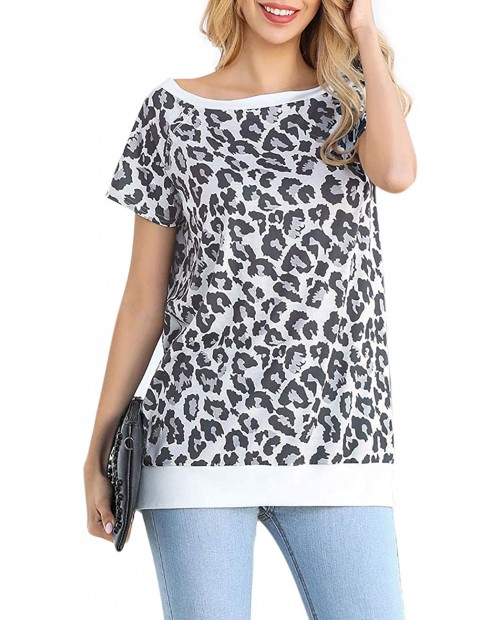 Cnokzol Women's Short Sleeve Off Shoulder Leopard Print Striped T Shirts Casual Summer Boatneck Tunic Tops Tee at Women’s Clothing store