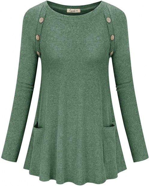 Cyanstyle Women's Long Sleeve Button T-Shirt Casual Tunic Top Solid Flowy Blouse Pockets