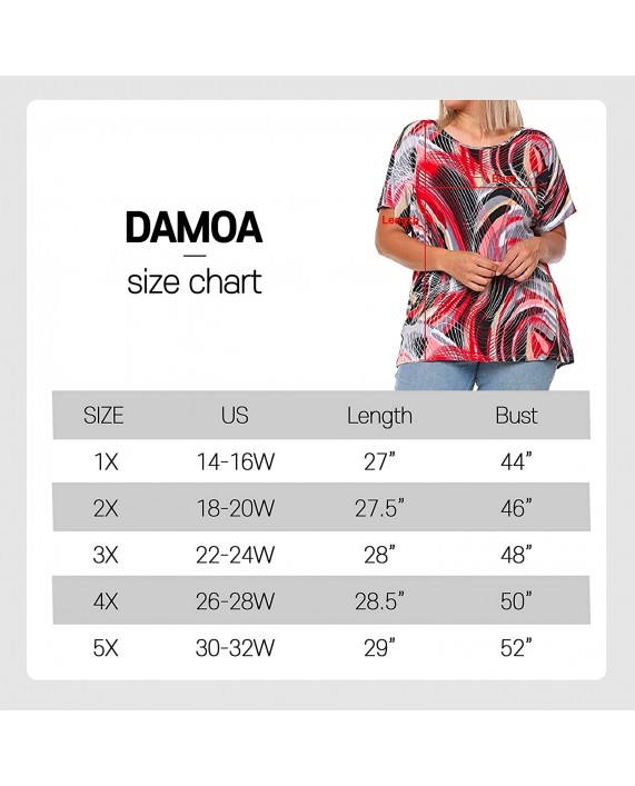 DAMOA Women's Shirt Tunic Blouse - Plus Size Short Sleeve Button Down Back Casual Print Scoop Neck Summer Tshirt Top at Women’s Clothing store