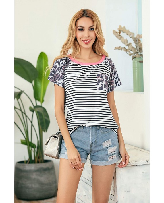 N NORA TWIPS Women's Summer Leopard Short Sleeve Striped Tops Casual Color Block Stripe T-Shirt at Women’s Clothing store