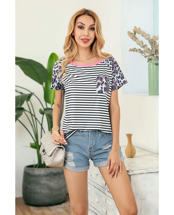 N NORA TWIPS Women's Summer Leopard Short Sleeve Striped Tops Casual Color Block Stripe T-Shirt at Women’s Clothing store