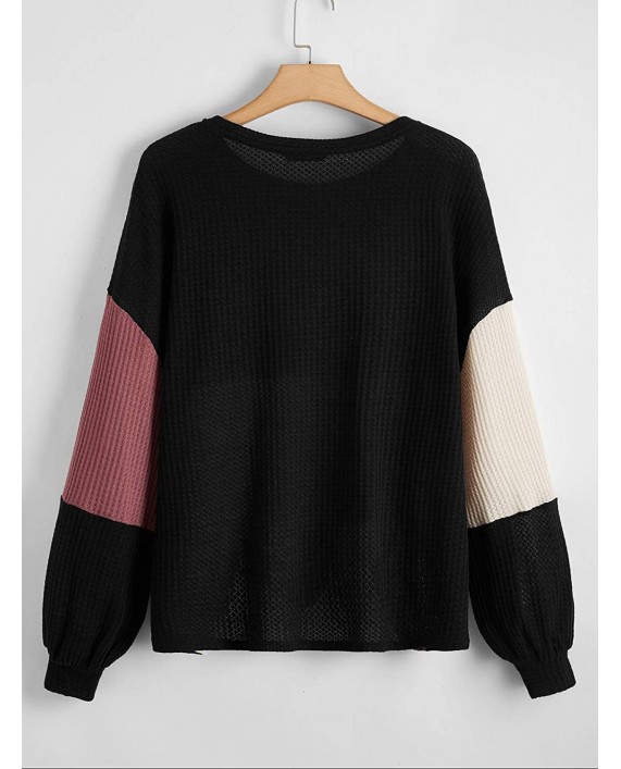 Romwe Women's Plus Size Waffle Knit Shirts Colorblock Long Sleeve T Shirt Tee Tops at Women’s Clothing store