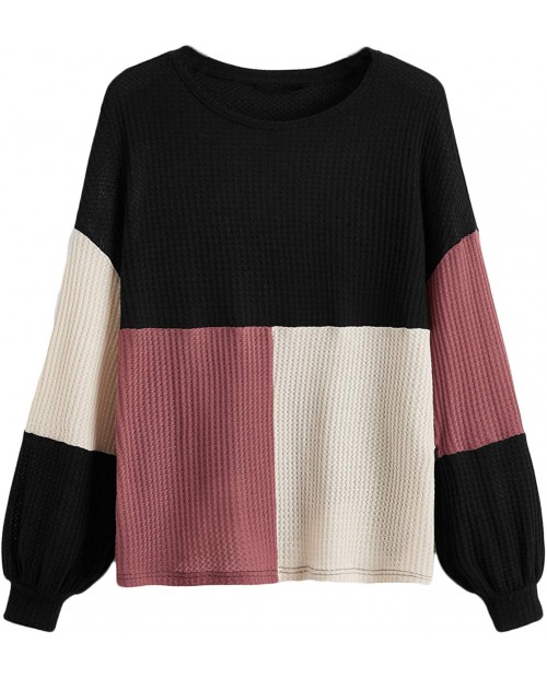 Romwe Women's Plus Size Waffle Knit Shirts Colorblock Long Sleeve T Shirt Tee Tops at Women’s Clothing store