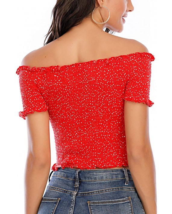 VZULY Womens Off Shoulder Crop Tops Polka Dot Short Sleeves Strapless Frill Smocked Slim Fit Casual Blouse at Women’s Clothing store