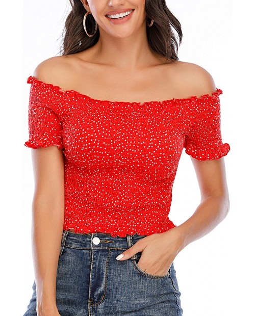 VZULY Womens Off Shoulder Crop Tops Polka Dot Short Sleeves Strapless Frill Smocked Slim Fit Casual Blouse at  Women’s Clothing store