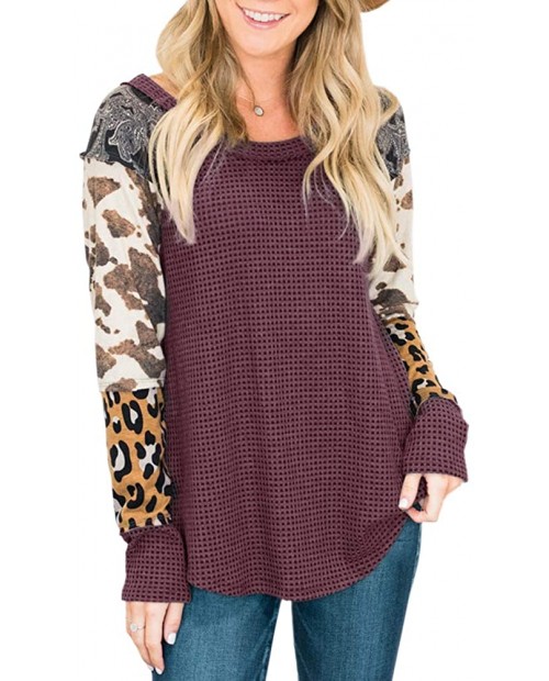Womens Plus Size Leopard Print Tunic Tops Long Sleeve Waffle Knit Casual Loose Color Block T-Shirts at  Women’s Clothing store